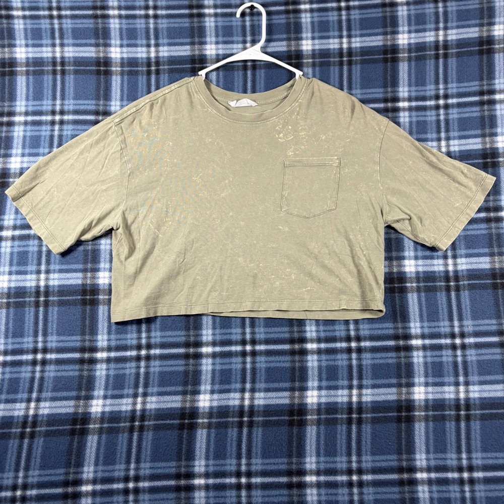 Double Zero Olive Green Mineral Wash Cropped Pocket Tee Small DZ21E183